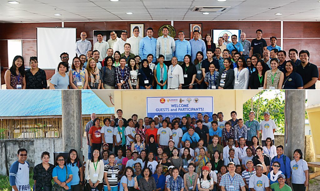 ASEAN-CRN with the officials of the local government unit of Ormoc (above) and with the Climate Resiliency Field School (CrFS) community in Barangay Margen, Ormoc City (below), co-organized with R1 (photos by ICCAFC Ormoc).